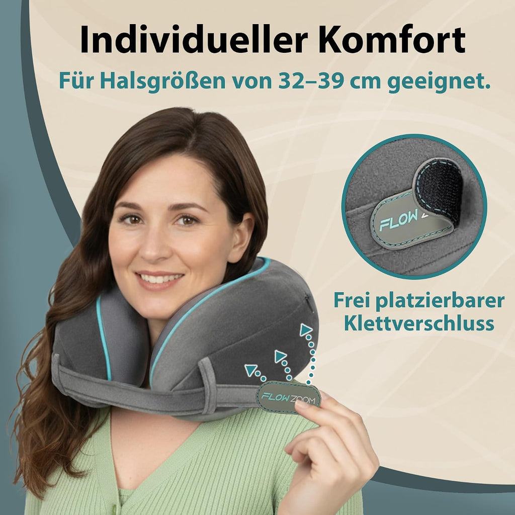 FLOWZOOM Comfy Nackenkissen Flugzeug & Auto mit Kapuze - Einstellbares Memory Foam Reisekissen mit Druckknöpfen für 360° Stütze, weicher Bezug - inkl. Transportbeutel - Grau
