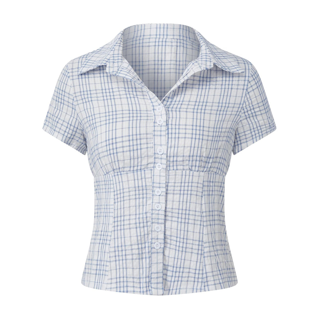 Damen Y2K Kurzarm-Bluse mit Knopfleiste, körperbetont und mit Kragen