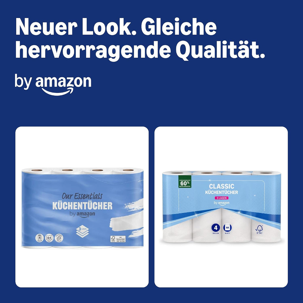 by Amazon Küchenrolle, 3-lagig, 4 Rollen (4 Rollen, 1-er Pack), 64 Blätter pro Rolle, FSC-Zertifiziert