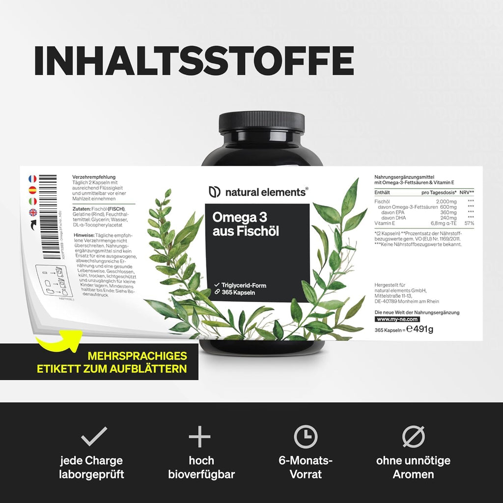 natural elements Omega 3 – 365 Kapseln – 2000mg Fischöl pro Tagesdosis – mit EPA und DHA in Triglycerid-Form – Laborgeprüft und aufwendig aufgereinigt