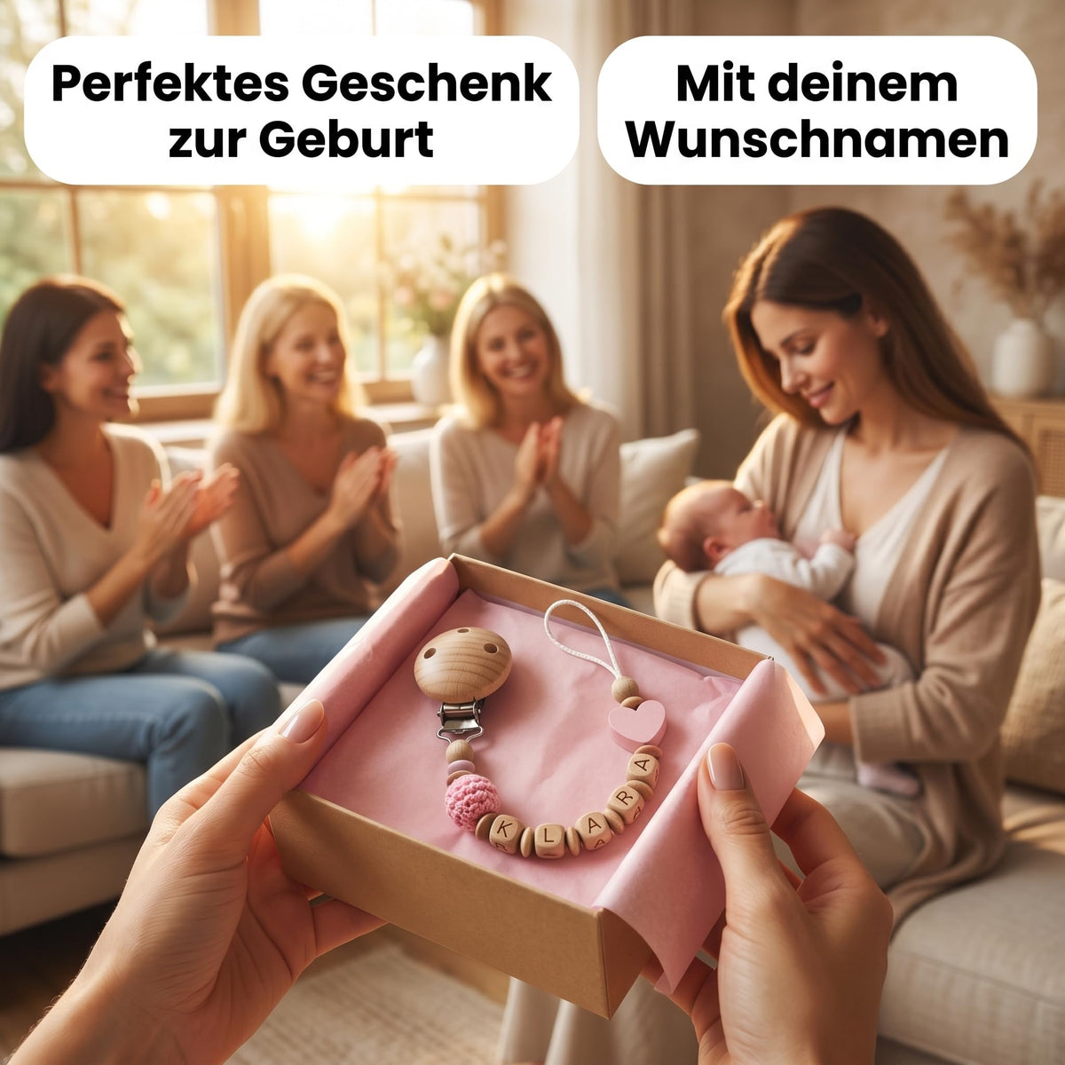Schnullerband mit Namen für Mädchen & Jungen personalisierte Baby Geschenke (REH Herzchen)