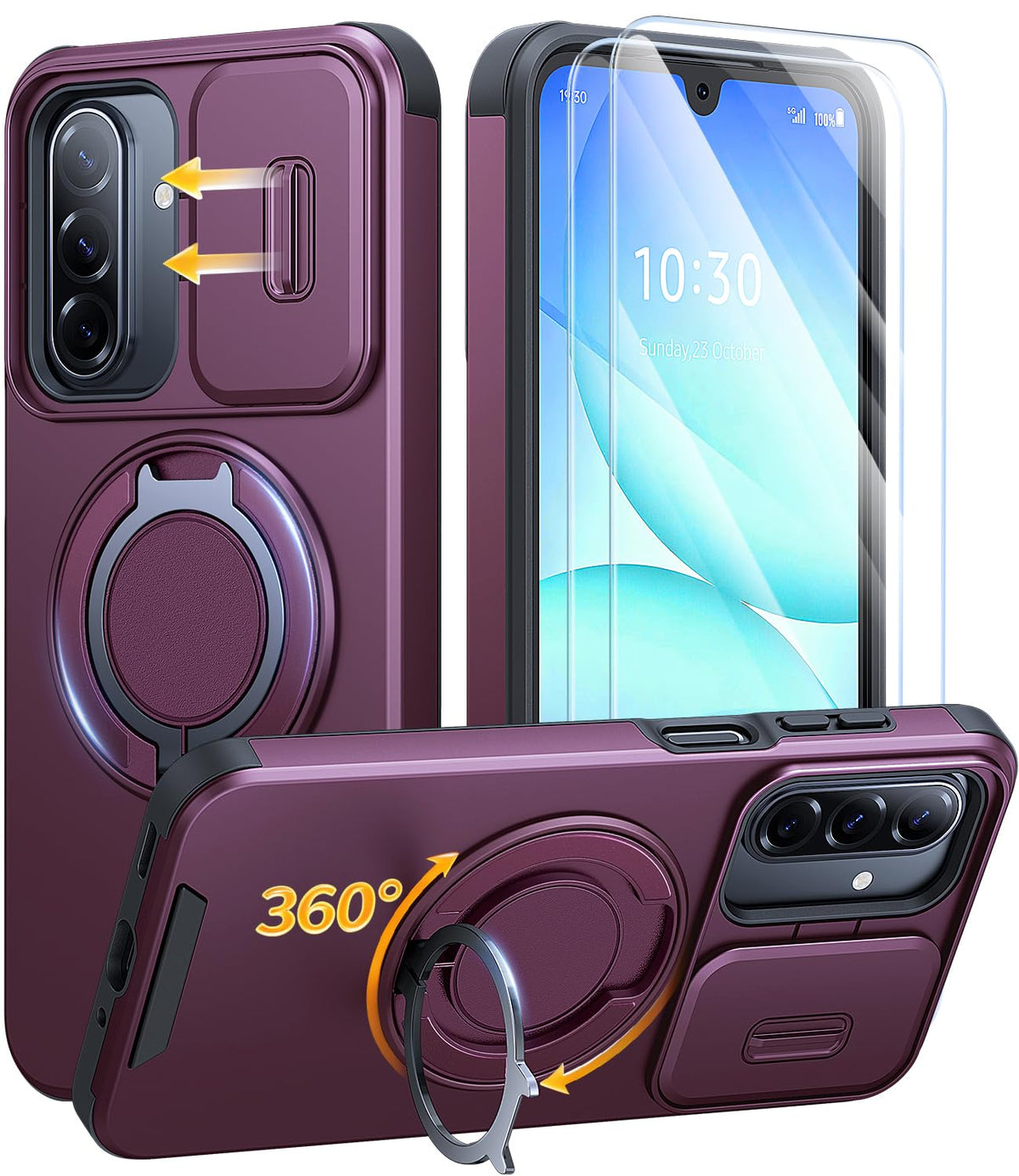 AOUIA für Samsung Galaxy S26 Ultra Hülle mit 2 Stück Panzerglas, Kameraschutz, 360° drehbarer Ringständer, Militärstandard Stoßschutz, robuste Handyhülle für Samsung S26 Ultra, Schwarz