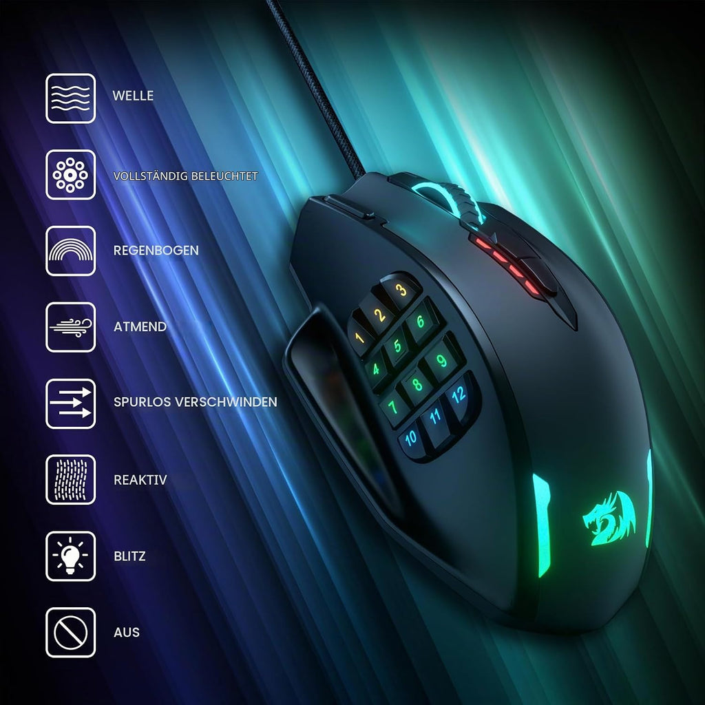 Redragon M908 Impact MMO Gaming Maus Kabelgebunden RGB 12400 DPI