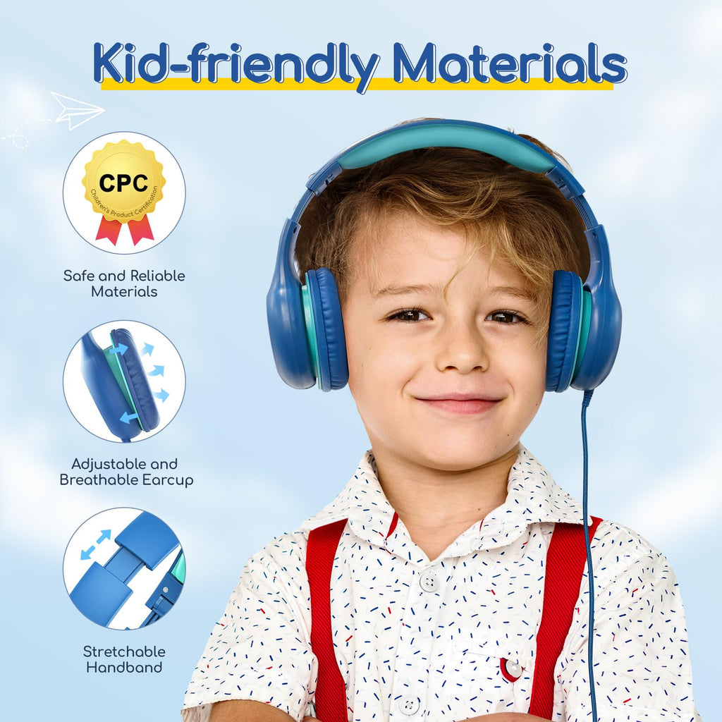 EarFun Kinder Kopfhörer mit 3,5 mm Kabel, Lautstärkebegrenzung, Blau-grün