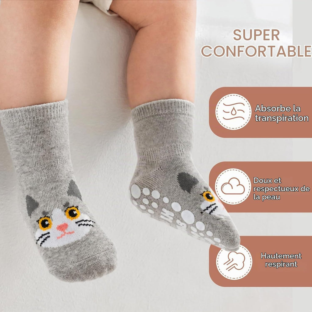 SockWaddles Chaussettes de bébé, 5 paires de chaussettes antidérapantes ABS respirantes pour enfants, chaussettes de bébé en coton, garçons et filles avec des animaux et des licornes