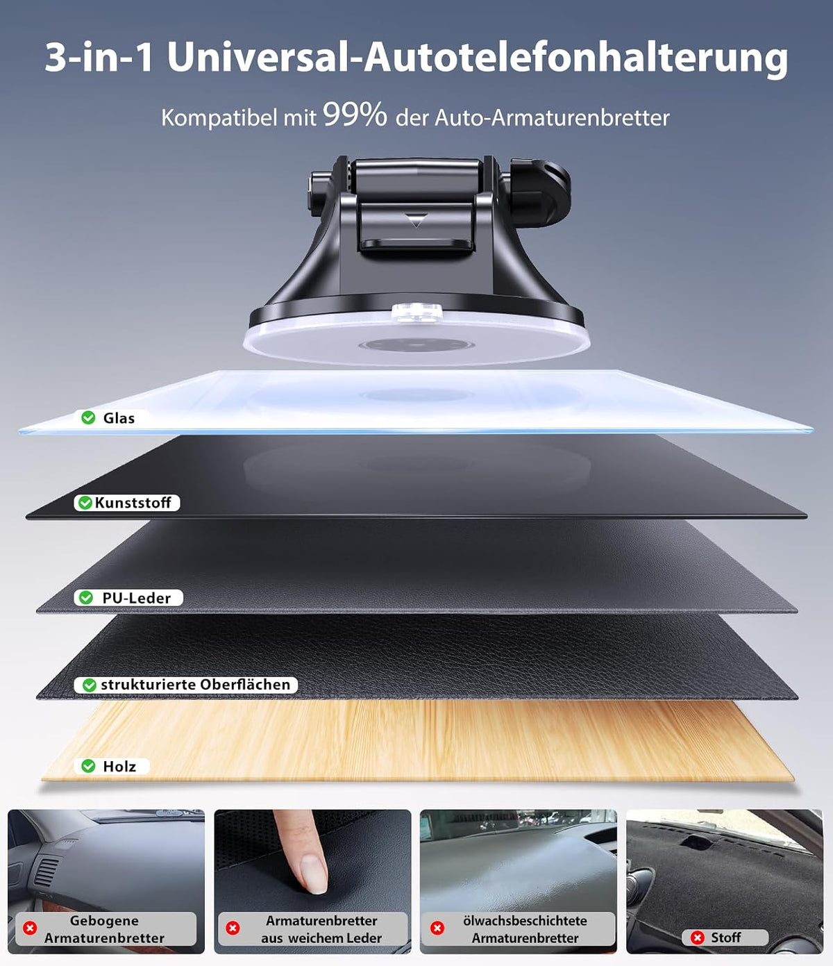 Miracase [2026 Upgraded Handyhalterung Auto Handy Halterung,Universal Car Phone Holder[Stärkste Saugnapf & Lüftungshaken] 360° Drehbar kfz autohalterung Lautsprecher für iPhone Samsung Galaxy Google