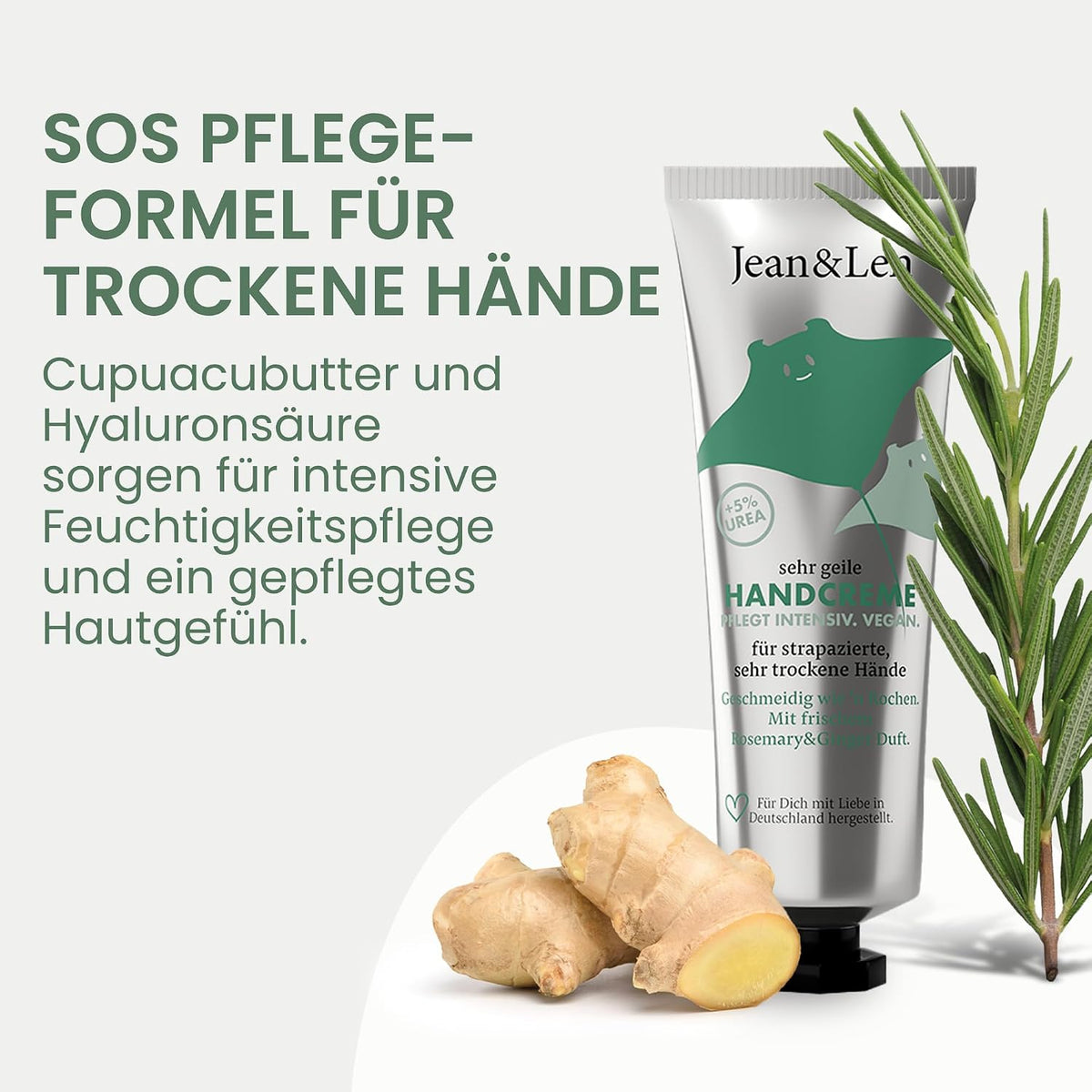 Jean & Len Sehr geile Handcreme Rosemary & Ginger, vegan, 6 x 75 ml