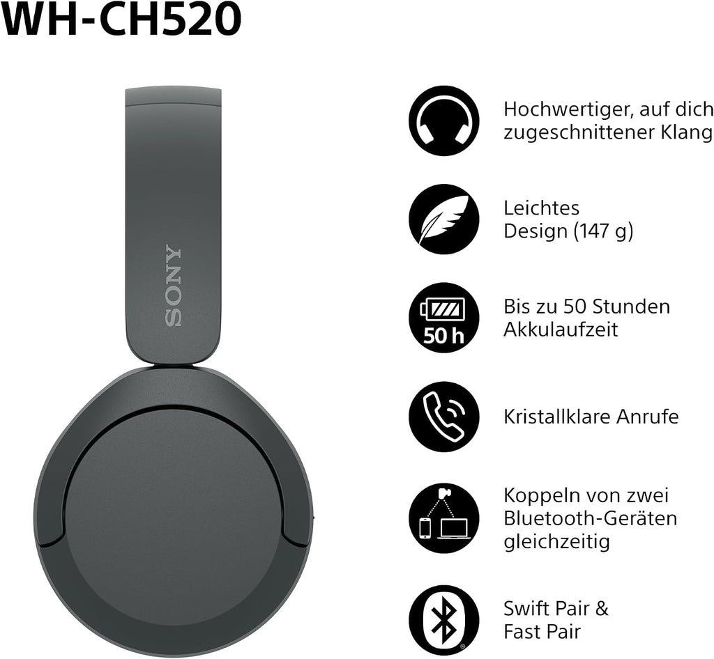 Sony WH-CH520 Kabellose Bluetooth-Kopfhörer - bis zu 50 Stunden Akkulaufzeit mit Schnellladefunktion, On-Ear-Modell - Schwarz