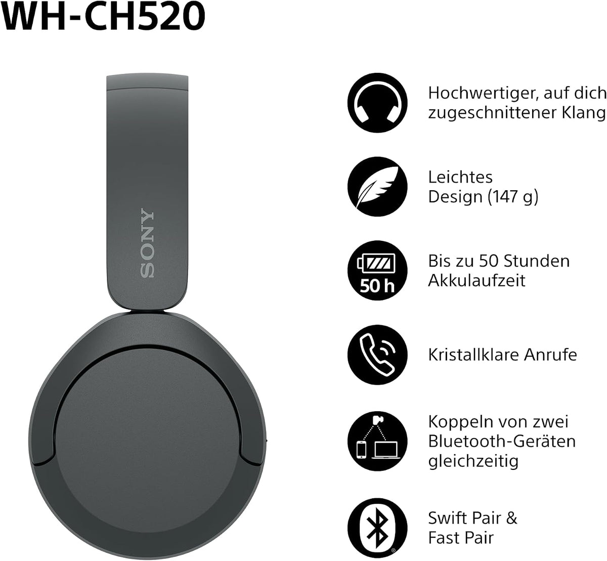 Sony WH-CH520 Kabellose Bluetooth-Kopfhörer - bis zu 50 Stunden Akkulaufzeit mit Schnellladefunktion, On-Ear-Modell - Schwarz
