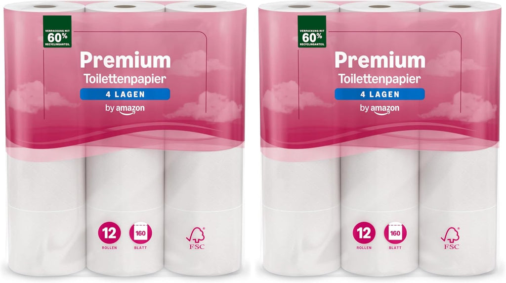 by Amazon Premium Toilettenpapier, 4-lagig, 48 Rollen (4 Packungen à 12 Stück), 160 Blatt pro Rolle, FSC-zertifiziert