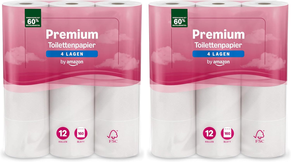 by Amazon Premium Toilettenpapier, 4-lagig, 48 Rollen (4 Packungen à 12 Stück), 160 Blatt pro Rolle, FSC-zertifiziert