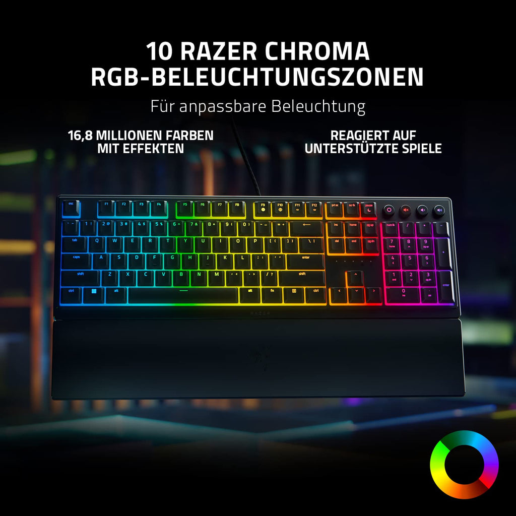 Razer Ornata V3 X - Flache Membran-Tastatur mit Chroma RGB (Lautlose Membran-Switches, Ergonomische Handballenauflage, Tastenkappen Anti-UV-Beschichtung) QWERTZ DE-Layout | Schwarz
