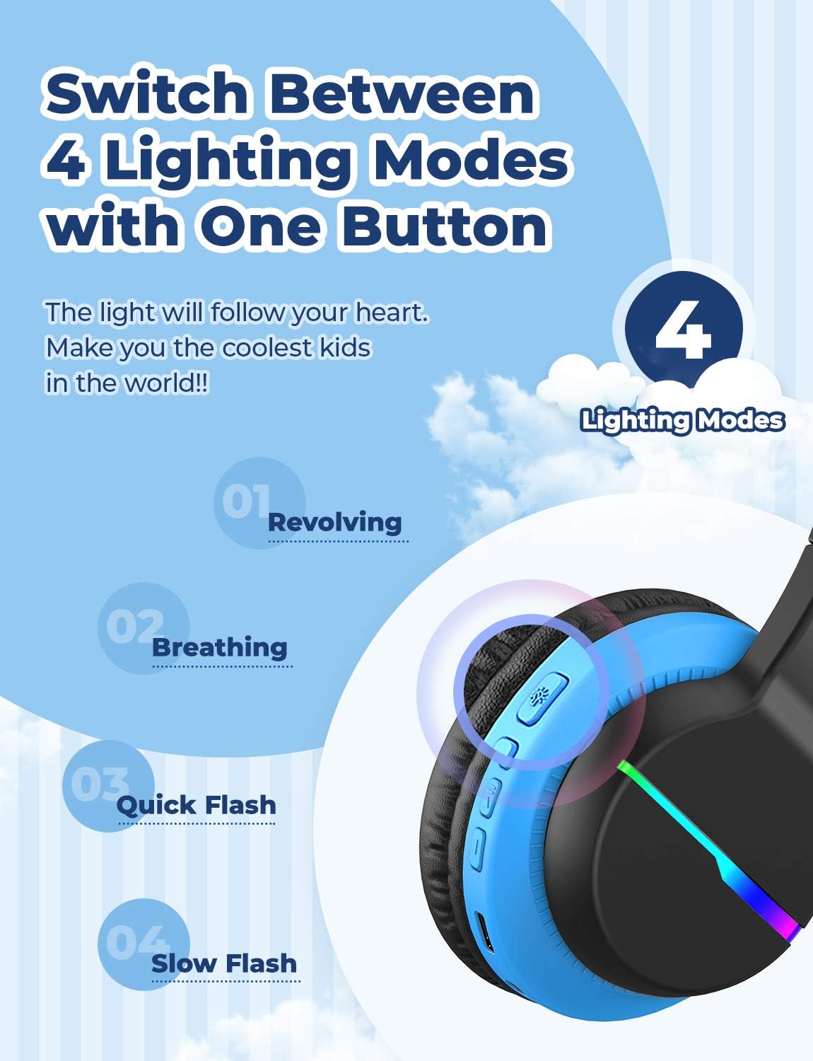 iClever BTH12 Bluetooth-Kopfhörer für Kinder mit LED-Beleuchtung, 85 Stunden Wiedergabezeit, ideal für Reisen