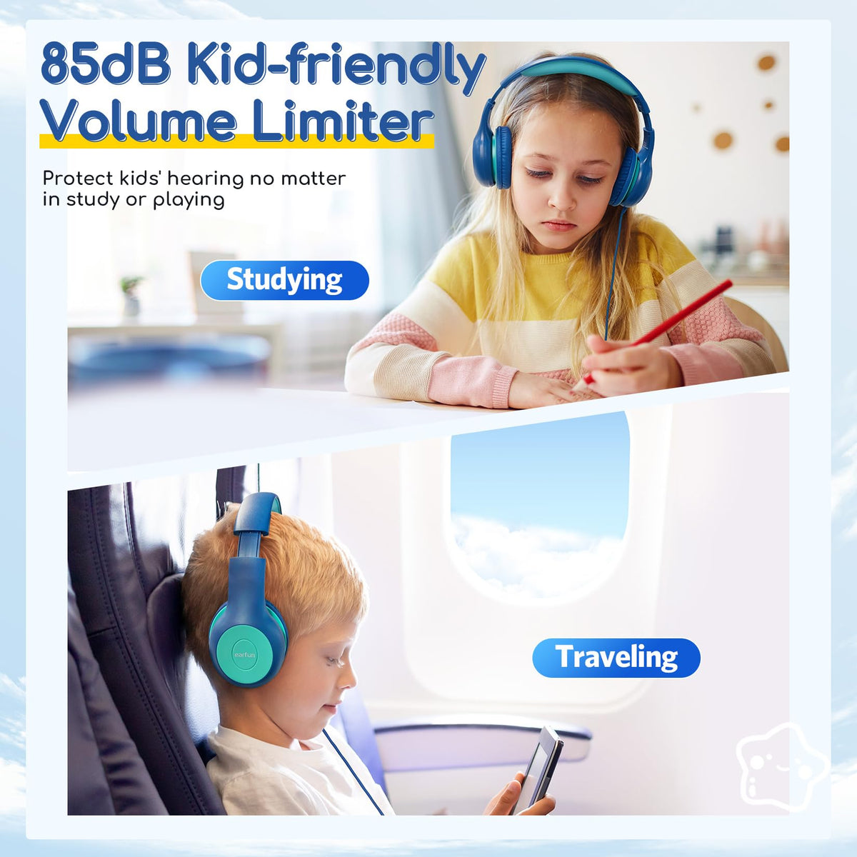 EarFun Kinder Kopfhörer mit 3,5 mm Kabel, Lautstärkebegrenzung, Blau-grün