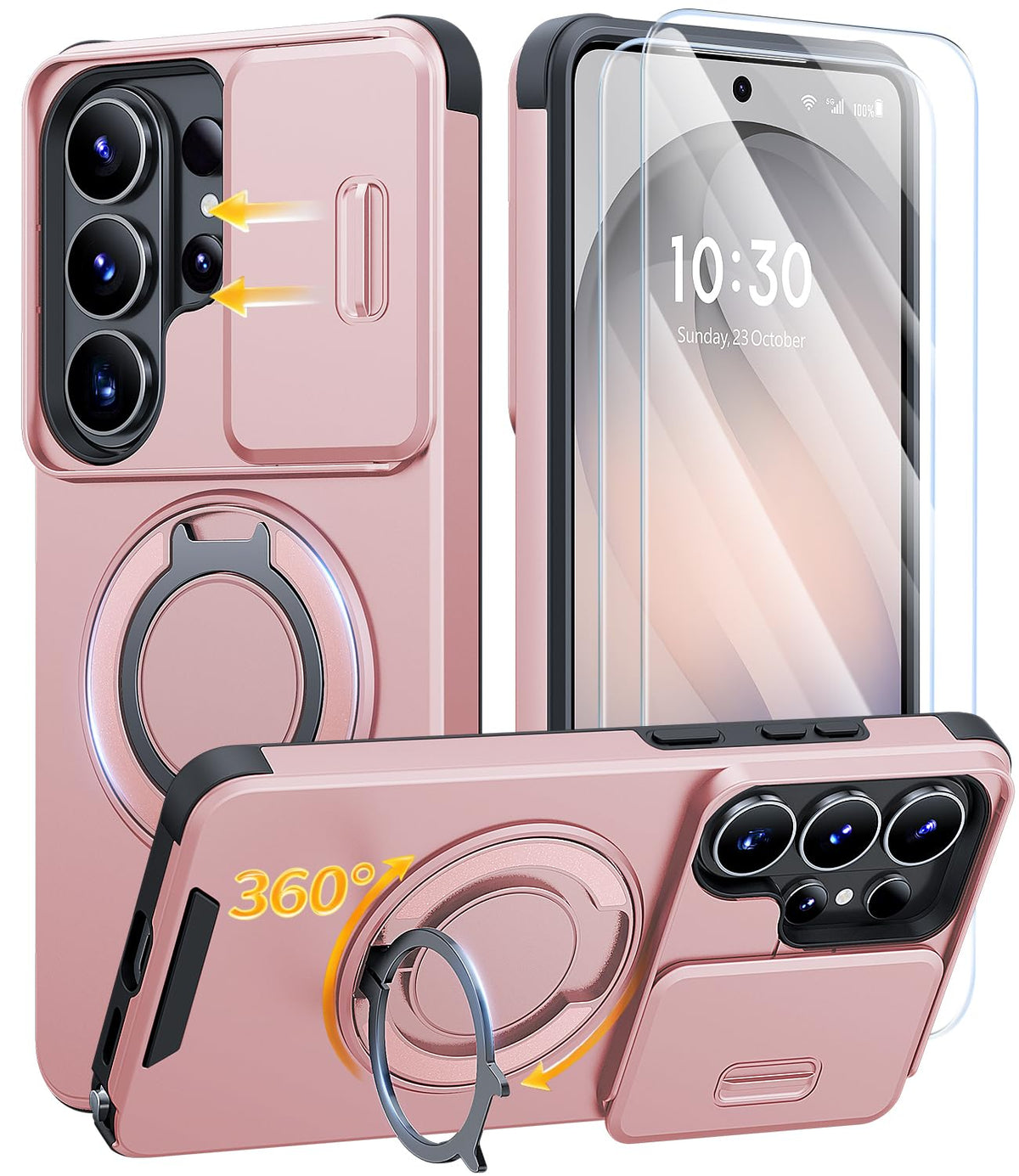 AOUIA für Samsung Galaxy S26 Ultra Hülle mit 2 Stück Panzerglas, Kameraschutz, 360° drehbarer Ringständer, Militärstandard Stoßschutz, robuste Handyhülle für Samsung S26 Ultra, Schwarz