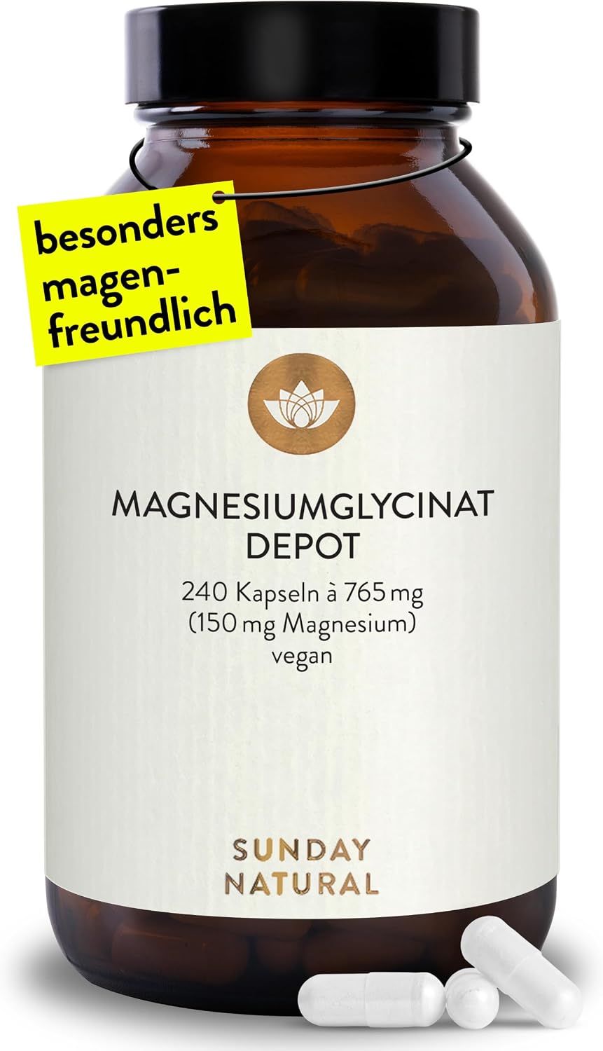 SUNDAY NATURAL® Magnesium Bisglycinat - 240 Kapseln - 300mg reines Magnesium pro Tagesdosis - Depot Magnesiumglycinat als organisches Aminosäurechelat - Laborgeprüft, vegan