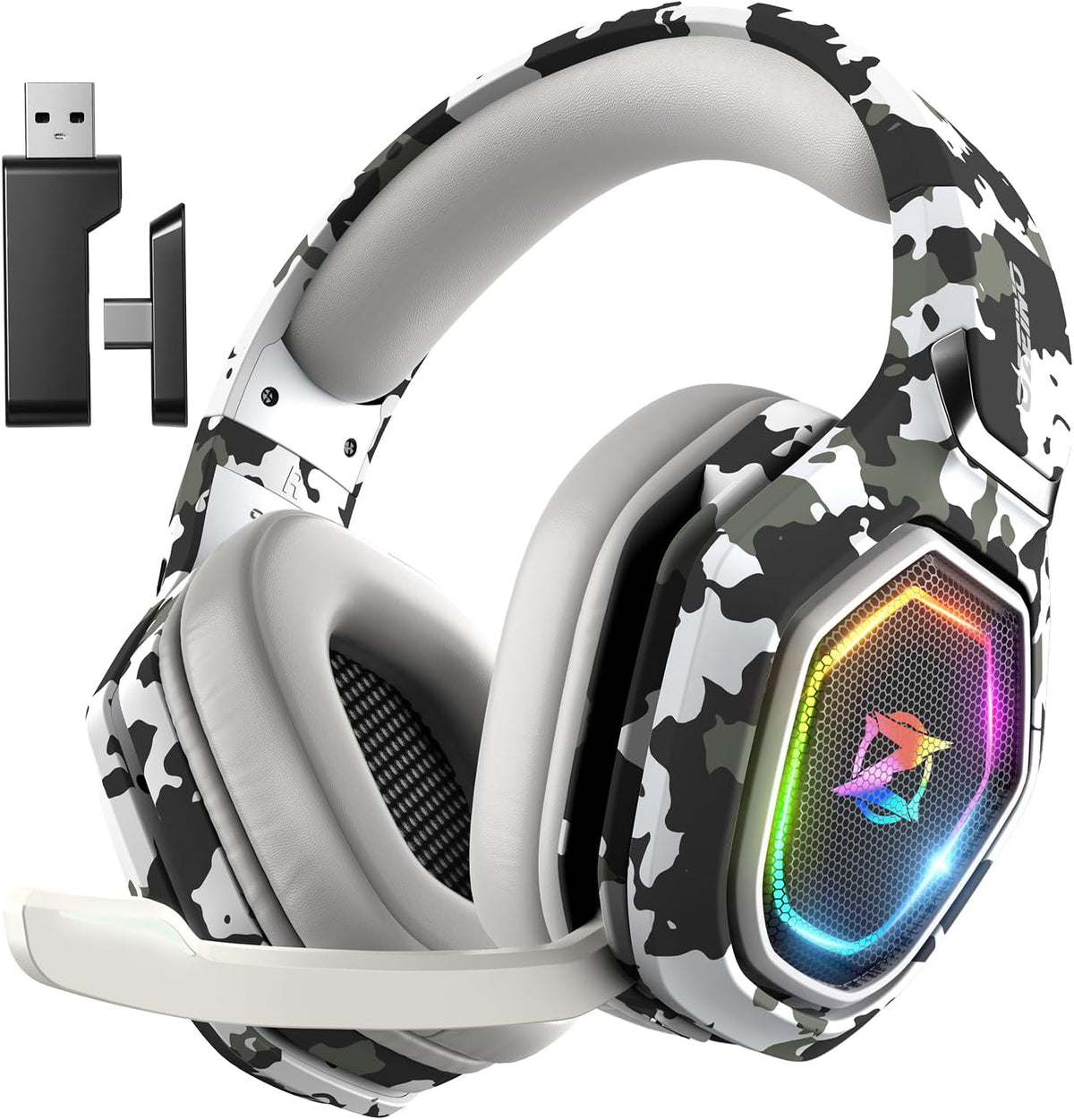 Ozeino kabelloses 2,4-GHz-Gaming-Headset mit geräuschunterdrückendem Mikrofon für PS5/PC/PS4/Mac, Bluetooth-Headset mit RGB-Beleuchtung, Gaming-Kopfhörer mit 40 Std.+ Akkulaufzeit