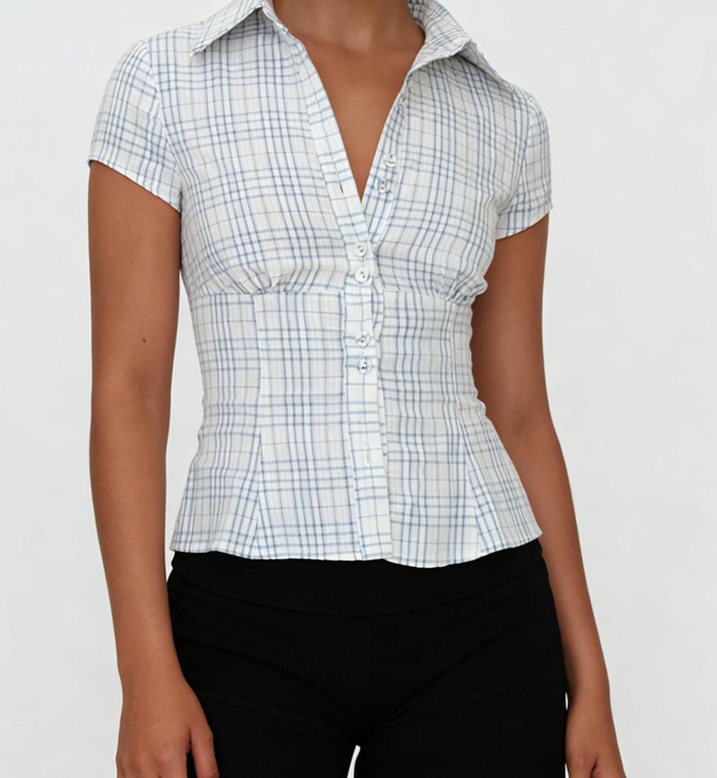 Damen Y2K Kurzarm-Bluse mit Knopfleiste, körperbetont und mit Kragen