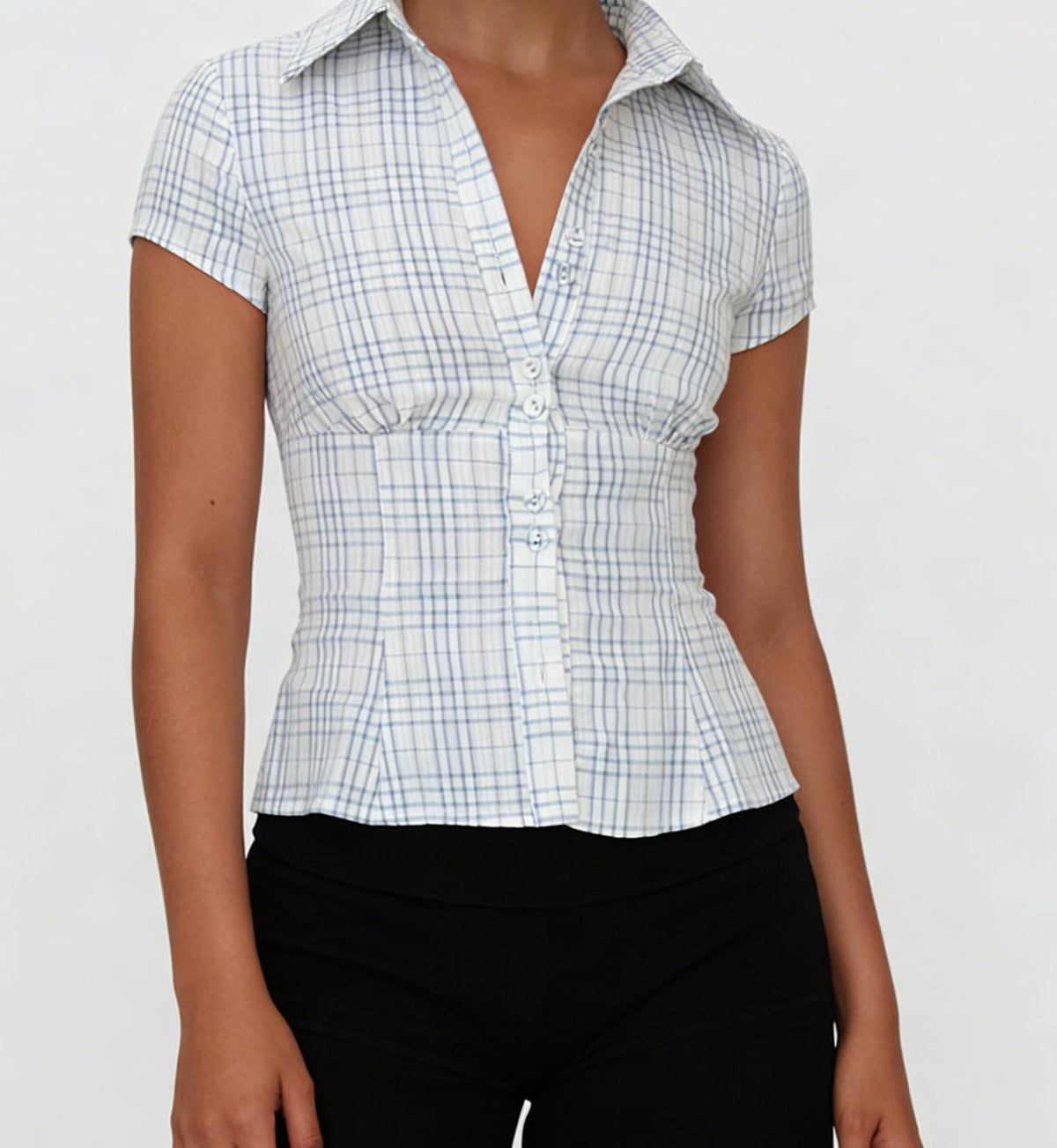 Damen Y2K Kurzarm-Bluse mit Knopfleiste, körperbetont und mit Kragen