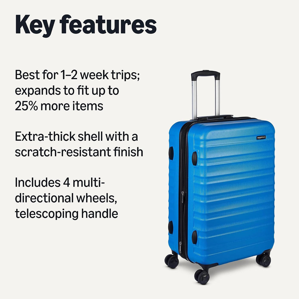 Amazon Basics 21" Hardside Carry-On Luggage with Spinner Wheels, Expandable for Up to 25% More Space, Scratch-Resistant Hard Shell, Telescoping Handle, Black