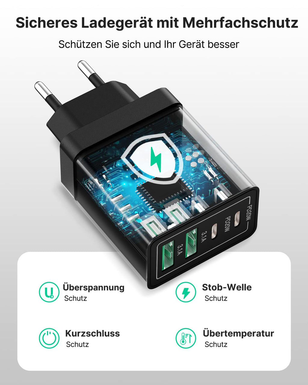 USB C Ladegerät, 40W 4-Port USB ladegerät Mehrfach Schnellladegerät PD 3.0