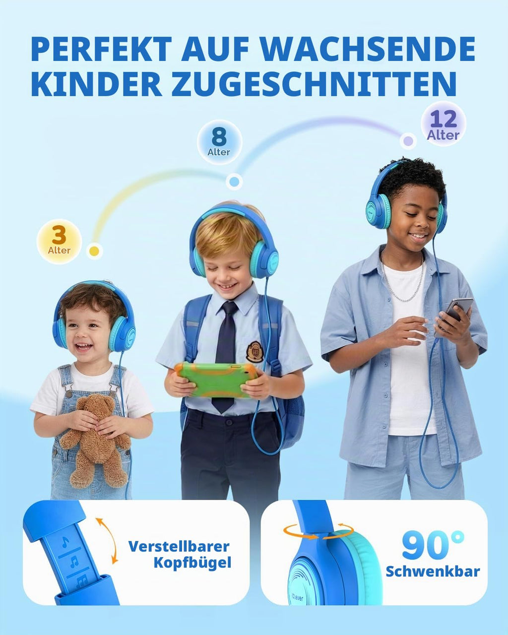 iClever HS26 Kopfhörer Kinder mit 3,5 mm Kabel für Schule/Tablet/Reisen