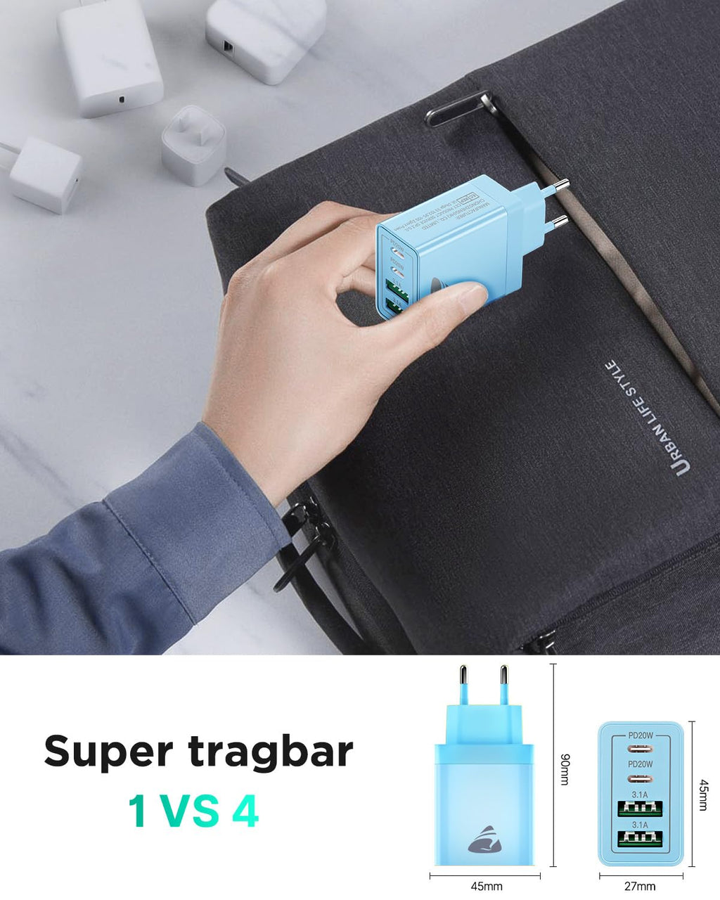 USB C Ladegerät, 40W 4-Port USB ladegerät Mehrfach Schnellladegerät PD 3.0