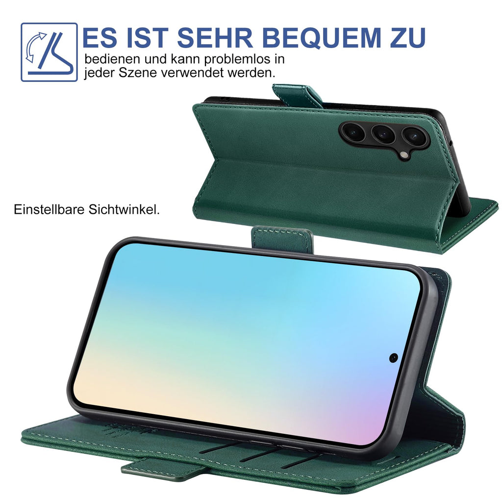 Giyer Handyhülle für Samsung Galaxy S24 5G Hülle mit Schutzfolie, Schutzhülle Galaxy S24 5G PU Leder Wallet Flip Case Standfunktion Kartenfach Klapphülle für Samsung S24 Ultra Full Cover (Grün)