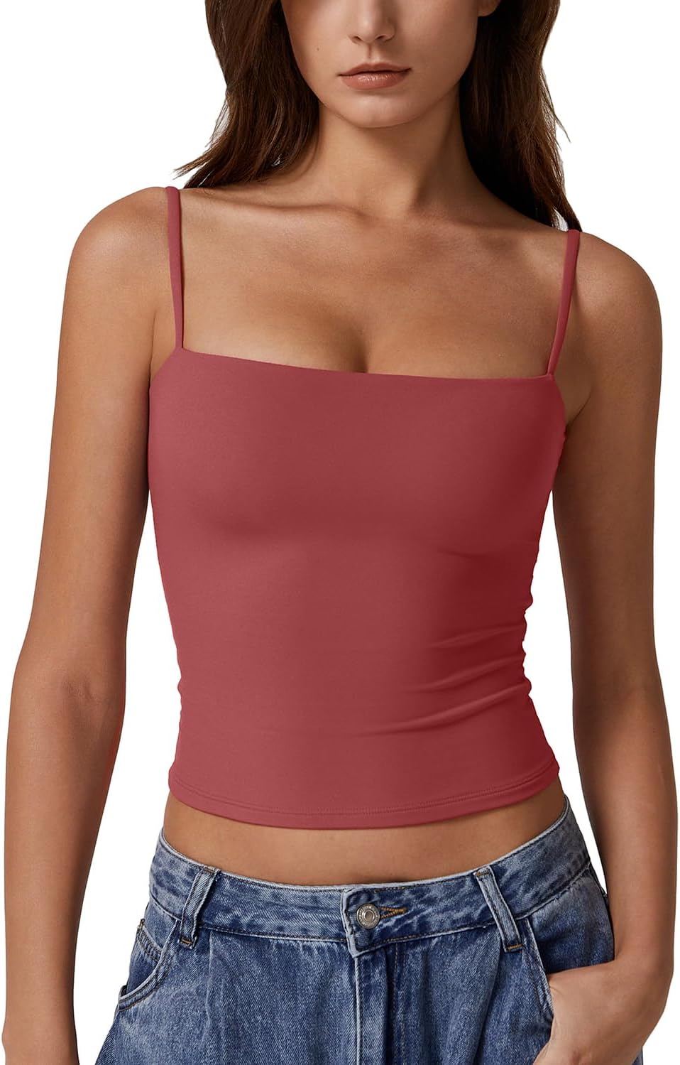 QINSEN Women's Double Lined Basic Tank Top Adjustable Spaghetti Straps Sleeveless Camisole Shirts
