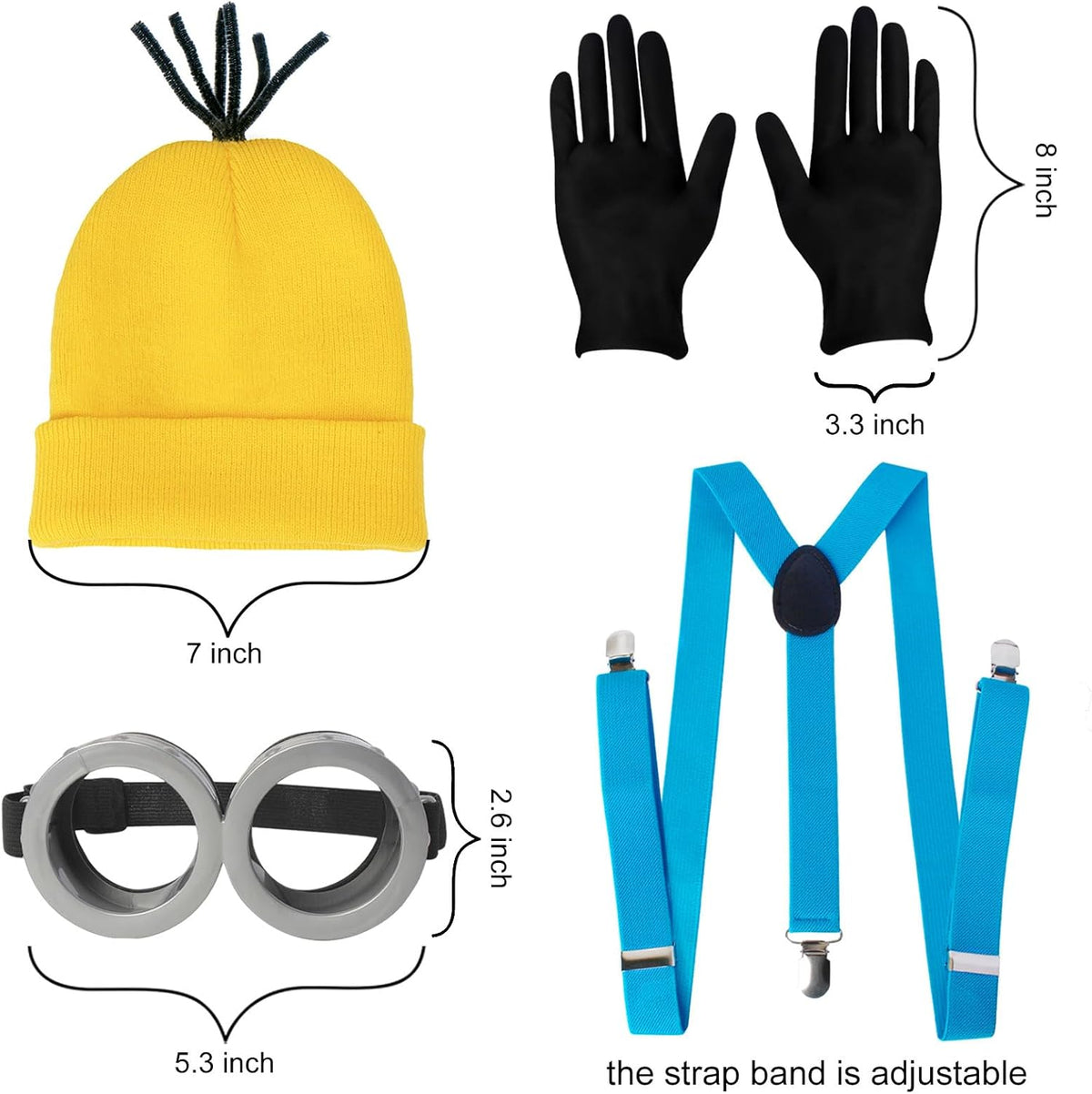 CONGRU 4-tlg. Halloween-Kostüm für Erwachsene, gelber Hut/Schutzbrille/Handschuh/Hosenträger