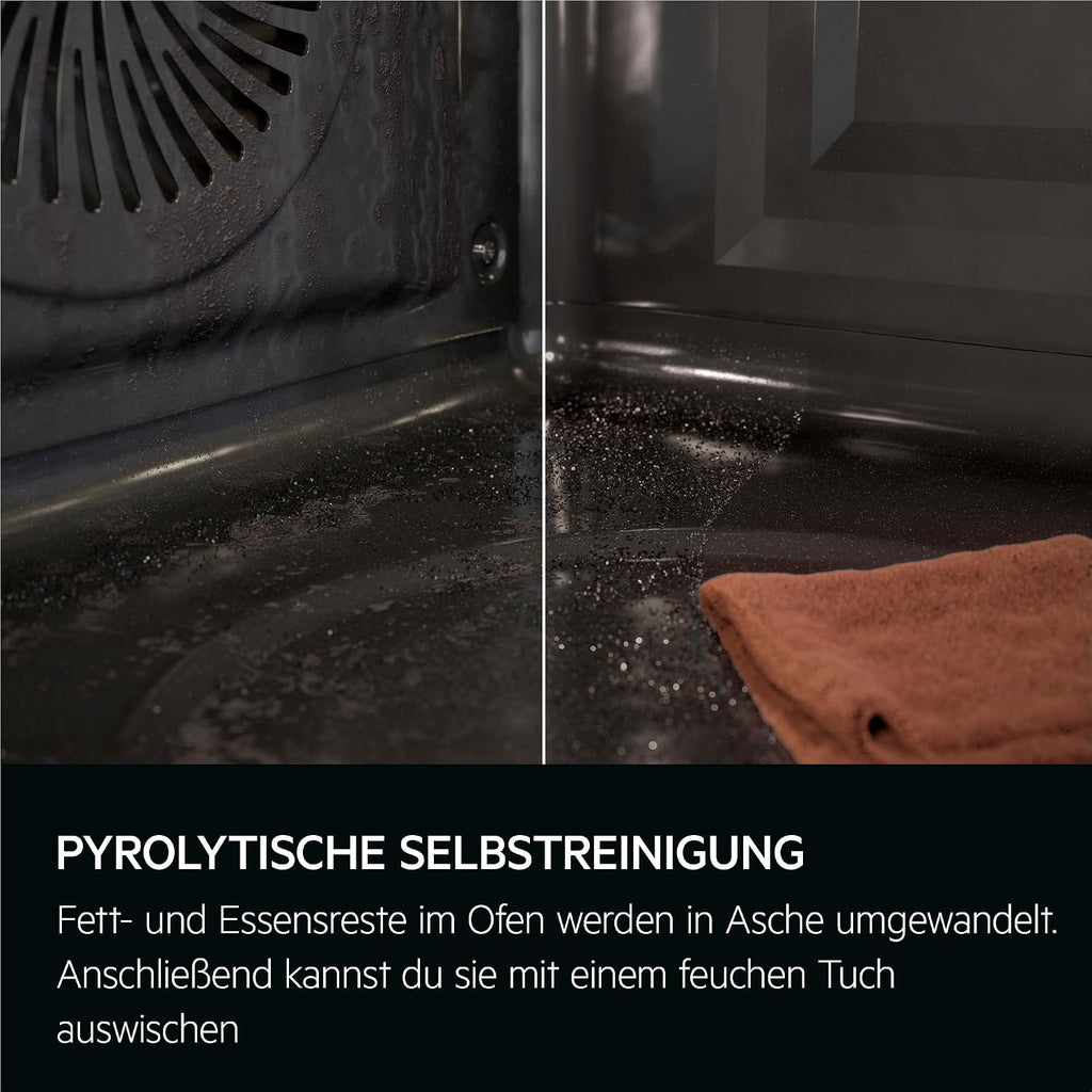 AEG Einbaubackofen, Serie 5 Ringheißluft: Gleichmäßige Garergebnisse auf 3 Ebenen, Pyrolyse Selbstreinigung, 45 Automatikprogramme, LED-Touchdisplay, Schnellaufheizung, Edelstahl, OU5PB40WSM