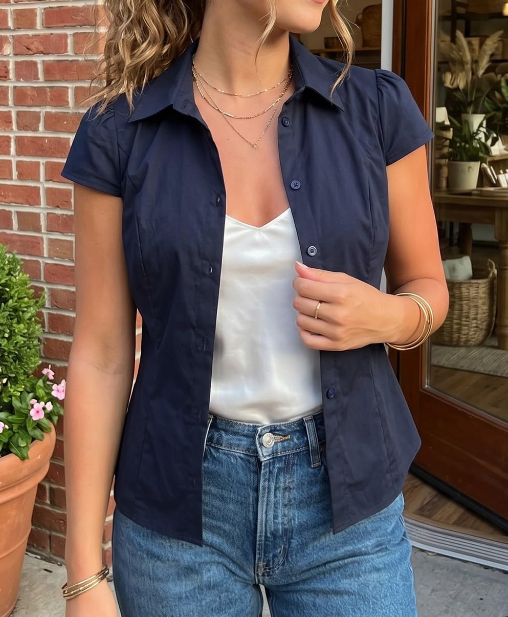 Damen Y2K Kurzarm-Bluse mit Knopfleiste, körperbetont und mit Kragen