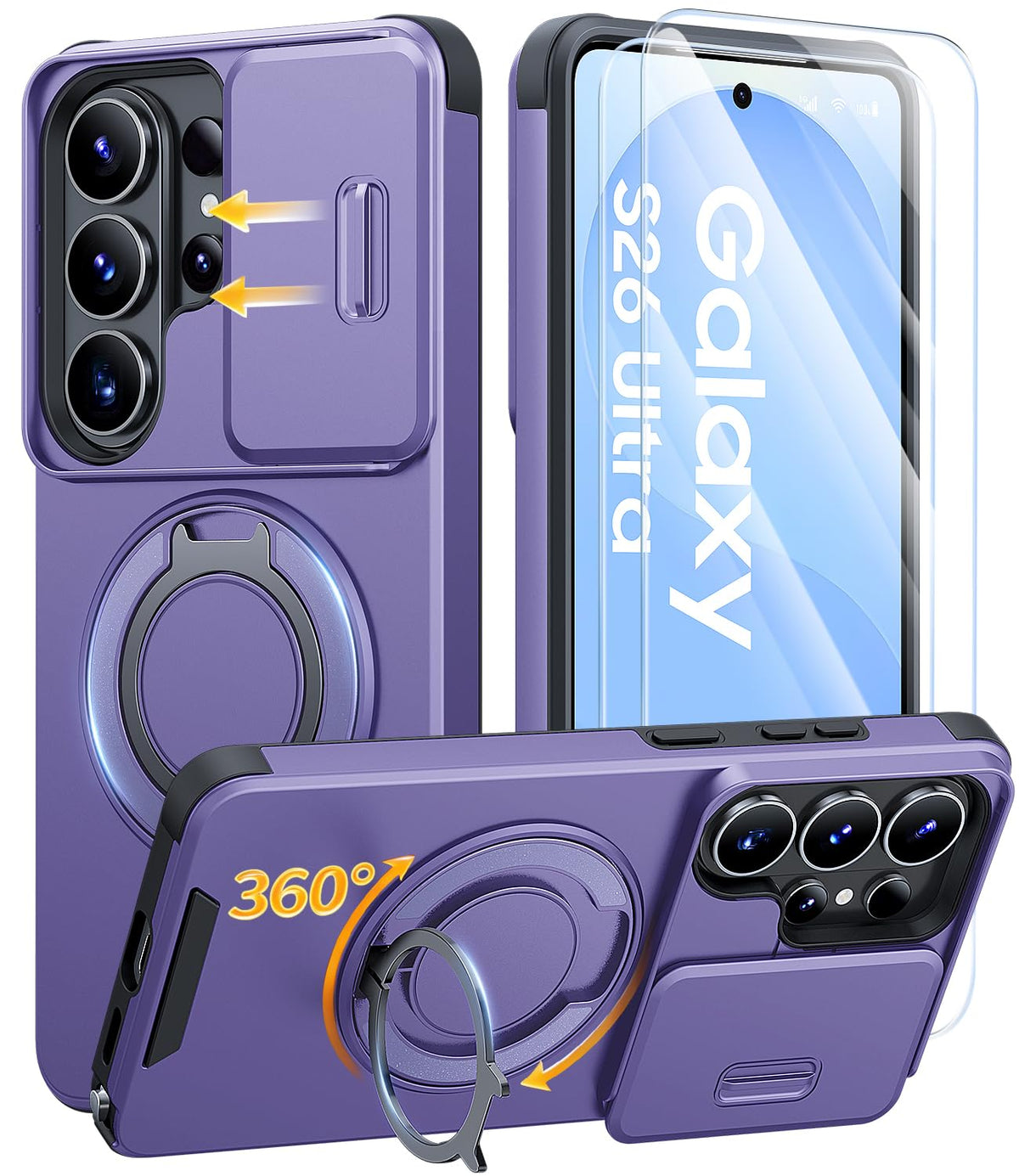 AOUIA für Samsung Galaxy S26 Ultra Hülle mit 2 Stück Panzerglas, Kameraschutz, 360° drehbarer Ringständer, Militärstandard Stoßschutz, robuste Handyhülle für Samsung S26 Ultra, Schwarz