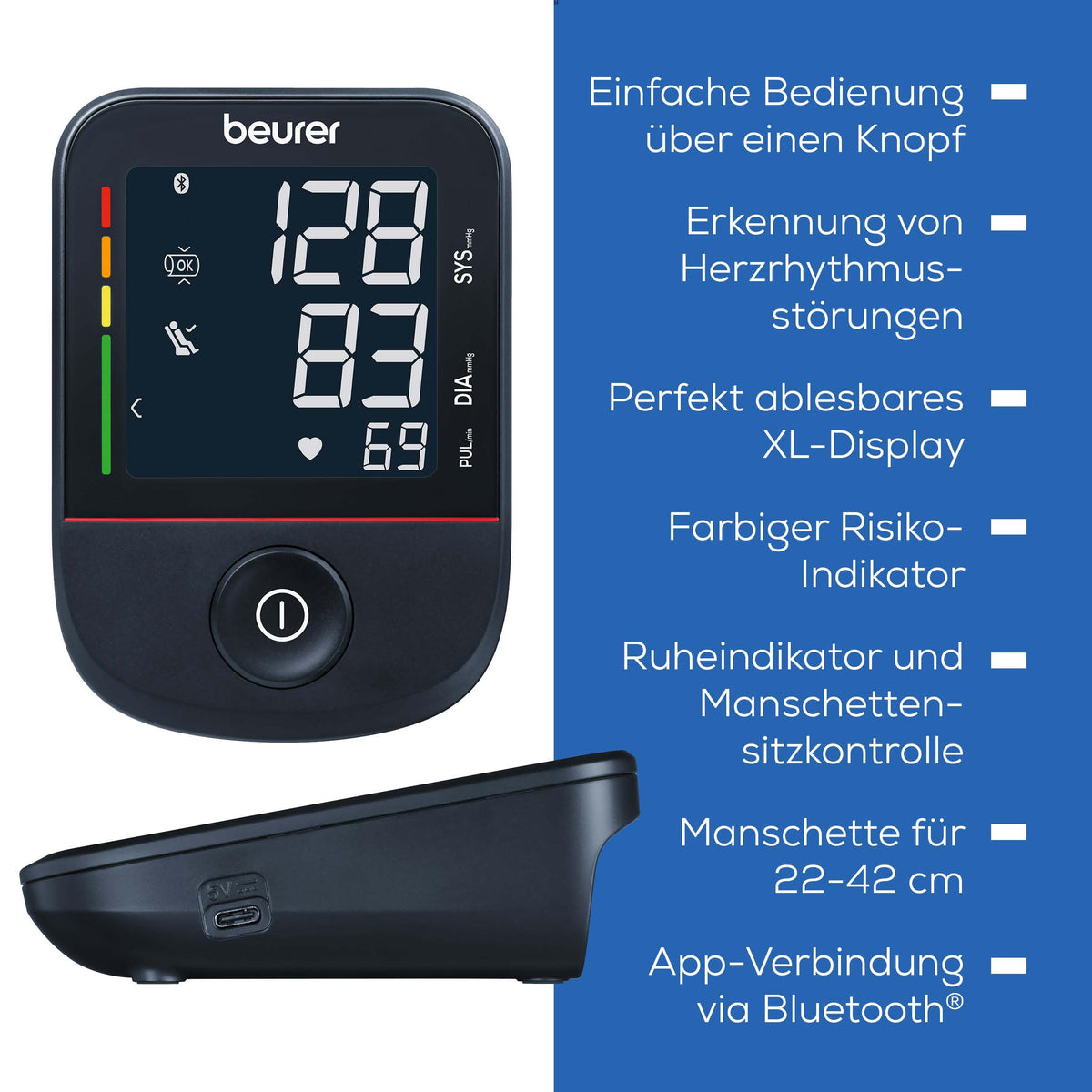 Beurer BM 27 Oberarm-Blutdruckmessgerät mit Manschettensitzkontrolle, klinisch validiert, Manschette für 22-42 cm, Risikoindikator, Arrhythmie-Erkennung, Datenübertragung zu Apple Health und co.