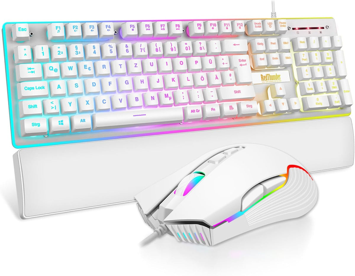 RedThunder K10 Gaming Tastatur und Maus Set, QWERTZ DE-Layout, Metallplatte und Handballenauflager，RGB-Hintergrundbeleuchtung - und 7D mit Ergonomische - für PC Mac Gamer(Weiß)