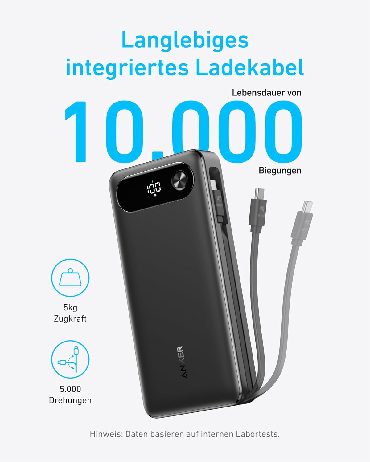 Anker Powerbank, 20000mAh 87W Max, integriertes USB-C Kabel