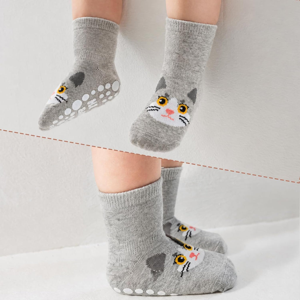 SockWaddles Chaussettes de bébé, 5 paires de chaussettes antidérapantes ABS respirantes pour enfants, chaussettes de bébé en coton, garçons et filles avec des animaux et des licornes