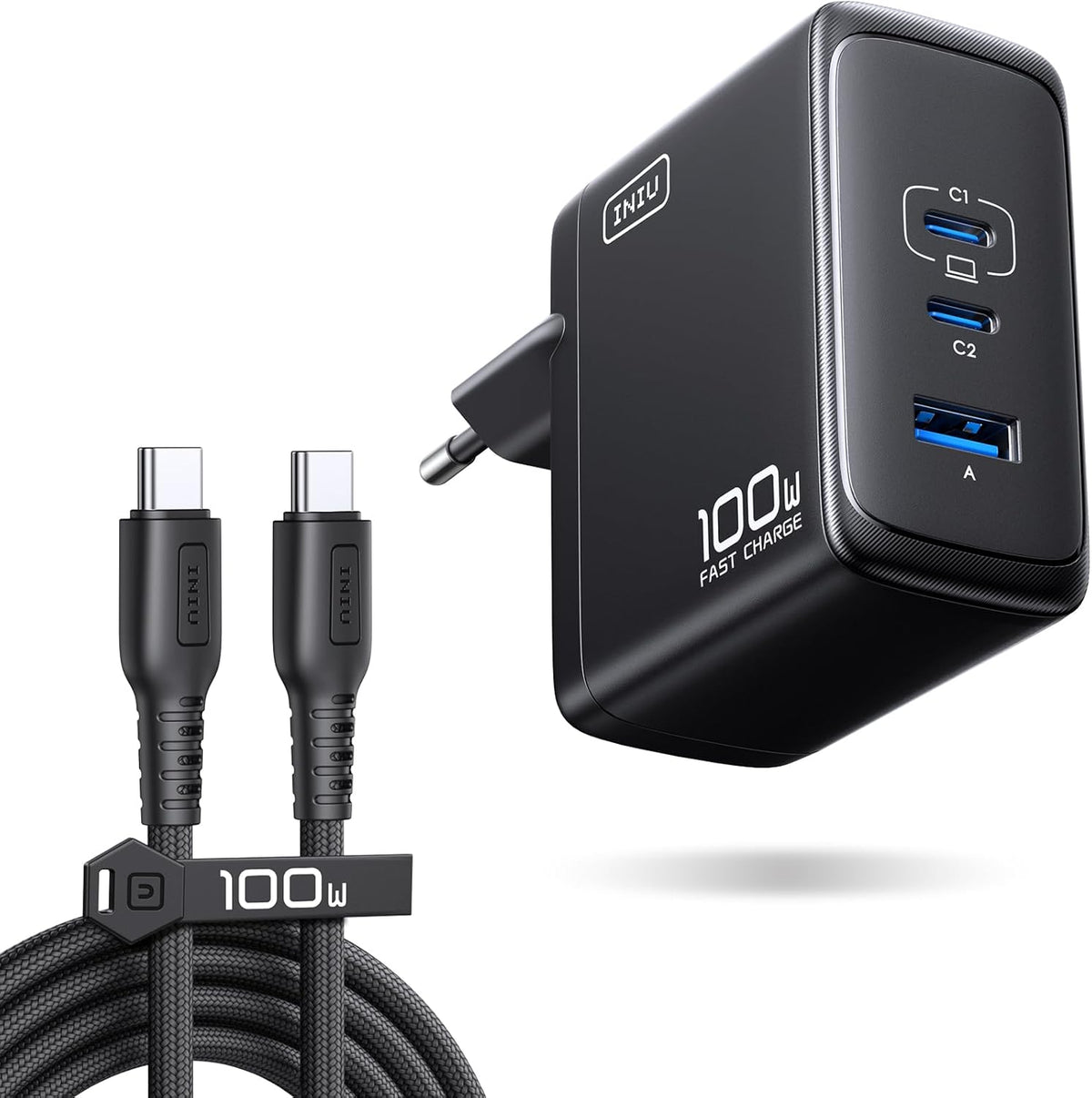 INIU USB C Ladegerät, 100W 3-Port Laptop Schnellladegerät mit 1.5m Kabel