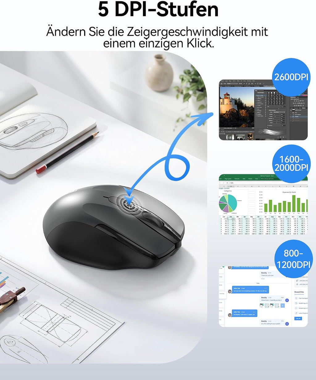 TECKNET Kabellose Maus, 2.4G Optische Funkmaus mit USB Empfänger, Grau