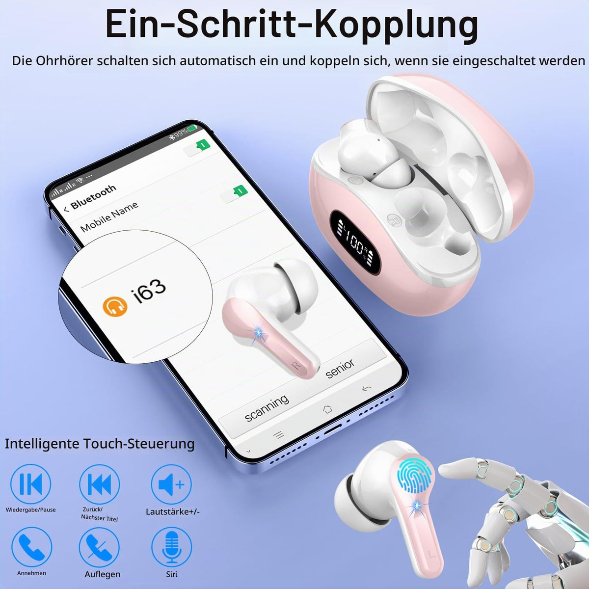 2026 Kopfhörer Kabellos Bluetooth 5.4 Kopfhörer, 6D-Stereo Ohrhörer in Ear