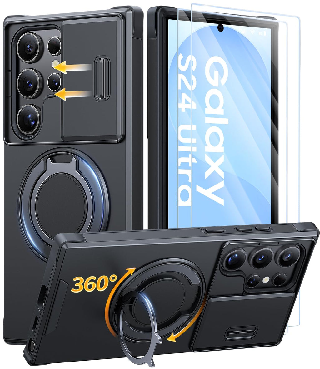 AOUIA für Samsung Galaxy S26 Ultra Hülle mit 2 Stück Panzerglas, Kameraschutz, 360° drehbarer Ringständer, Militärstandard Stoßschutz, robuste Handyhülle für Samsung S26 Ultra, Schwarz