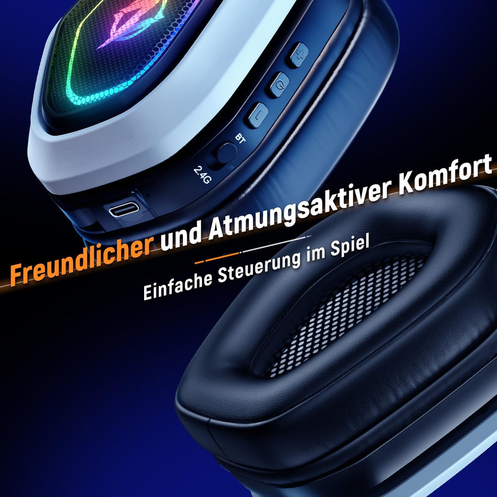 Ozeino 2.4GHz Gaming Headset Wireless mit Mikrofon Geräuschunterdrückung für Ps5/PC/Ps4/Mac, Bluetooth Headset mit RGB Licht, Gaming kopfhörer 40H+ Akkulaufzeit