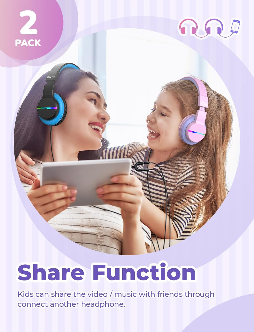 iClever BTH12 Bluetooth-Kopfhörer für Kinder mit LED-Beleuchtung, 85 Stunden Wiedergabezeit, ideal für Reisen