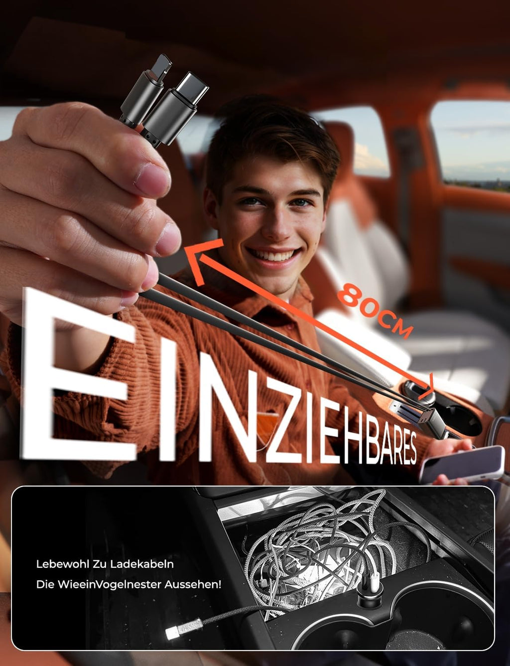 LISEN 84W Zigarettenanzünder USB C Einziehbares Auto Ladegerät Adapter