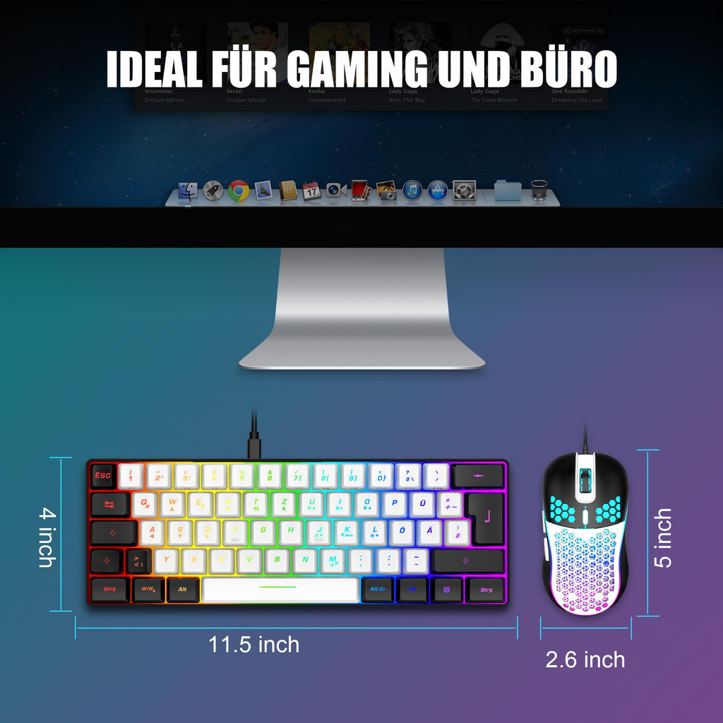 RedThunder 60% Kabelloses RGB Gaming Tastatur und Maus Set, QWERTZ DE Layout, Wiederaufladbare Funktastatur mit Ultraleichte Gaming Maus mit Wabenkonstruktion, für PC MAC PS5 Xbox Gamer, Büro.
