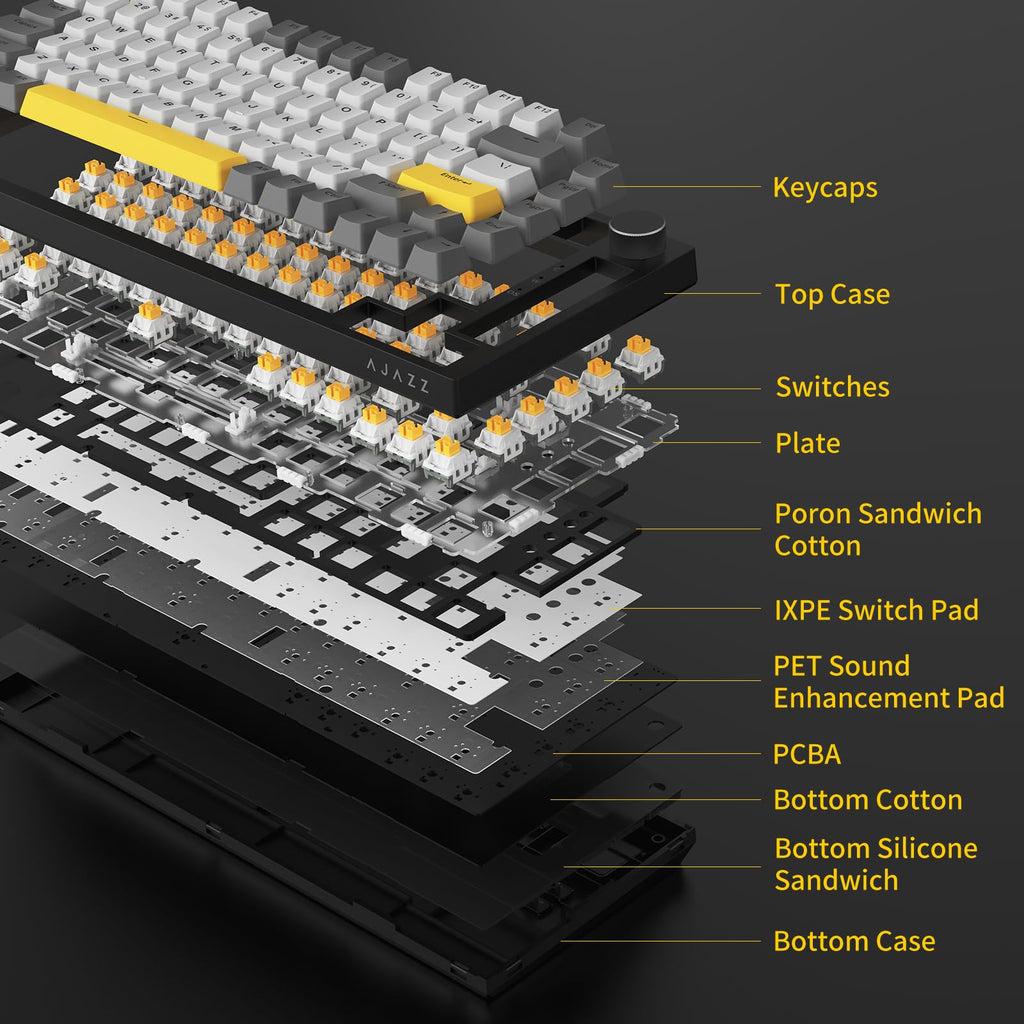 AJAZZ AK820 Mechanical Keyboard, 75% Hot Swappable Wired Keyboard with Volume Control Knob, QWERTY Layout, PBT Keycaps, Five-Layer Sound Insulation Pad, 82-Key Gaming Keyboard, Grey White