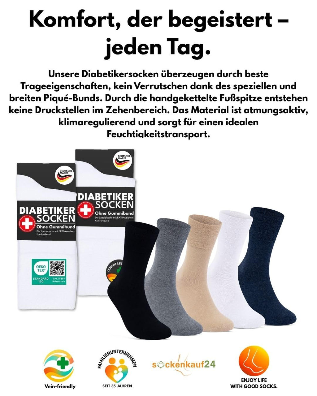 sockenkauf24 Diabetikersocken ohne Gummi & ohne Naht 97% Baumwolle (6 Paar) Diabetiker Socken mit Komfortbund für Damen & Herren