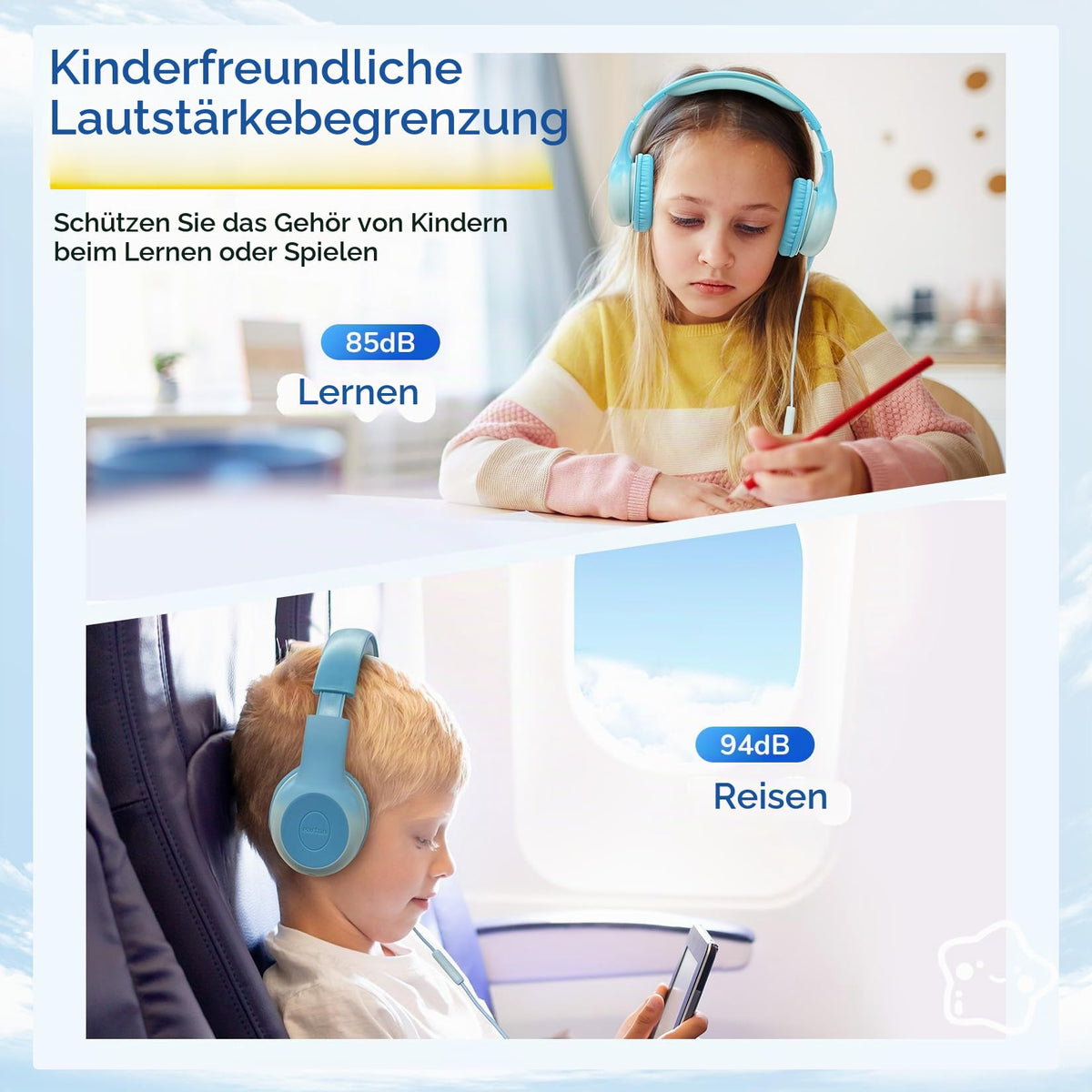 EarFun Kinder Kopfhörer mit 3,5 mm Kabel, Lautstärkebegrenzung, Blau-grün