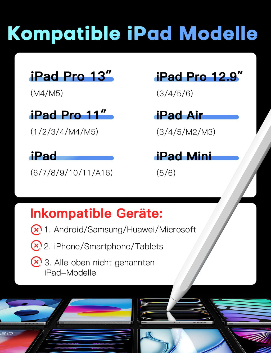 MEKO Stift für Apple iPad 2018–2026, Weiß, 35 Stunden Akkulaufzeit