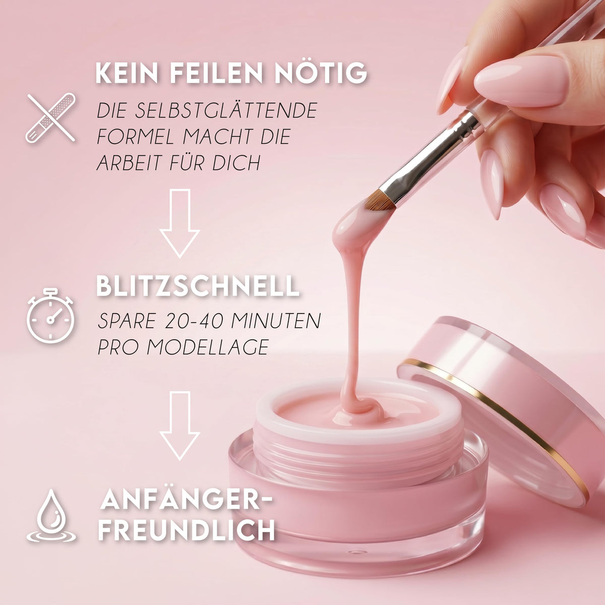No File Aufbaugel Gelnägel ALMOND NUDE 15ml UV Gel selbstglättend o. Feilen